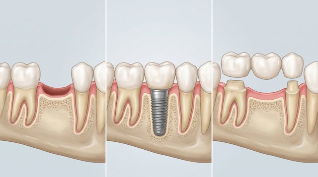 Diferencias visuales entre implante dental y puente